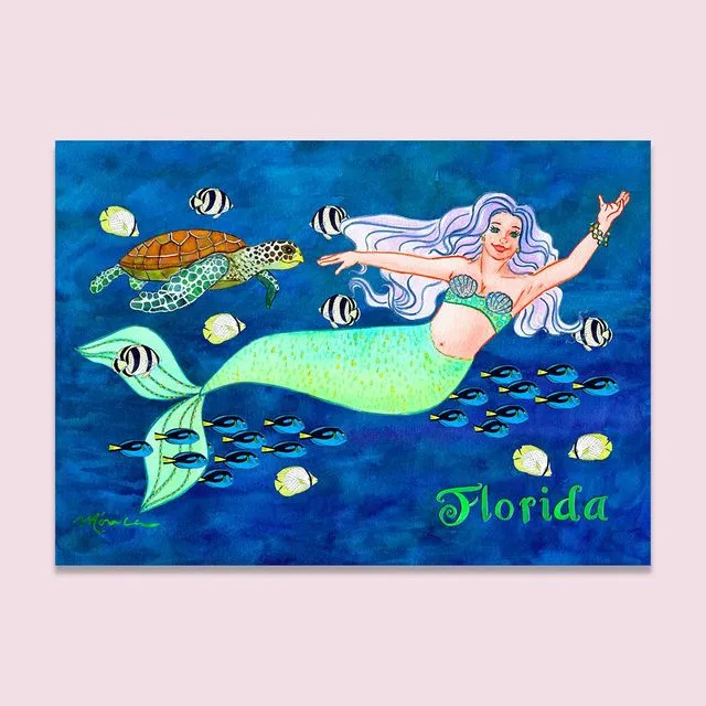 Whimsical Mermaid with Sea Turtle 5x7 inch Greeting Card