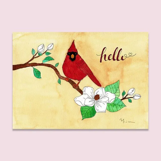 Hello card with red cardinal 5x7 inch Greeting Card