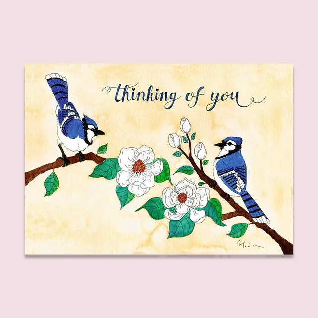 Two Blue Jays Thinking about you 5x7 inch Greeting Card