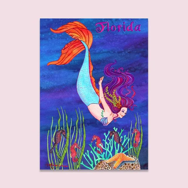 Whimsical Mermaid and Seahorses 5x7 inch Greeting Card