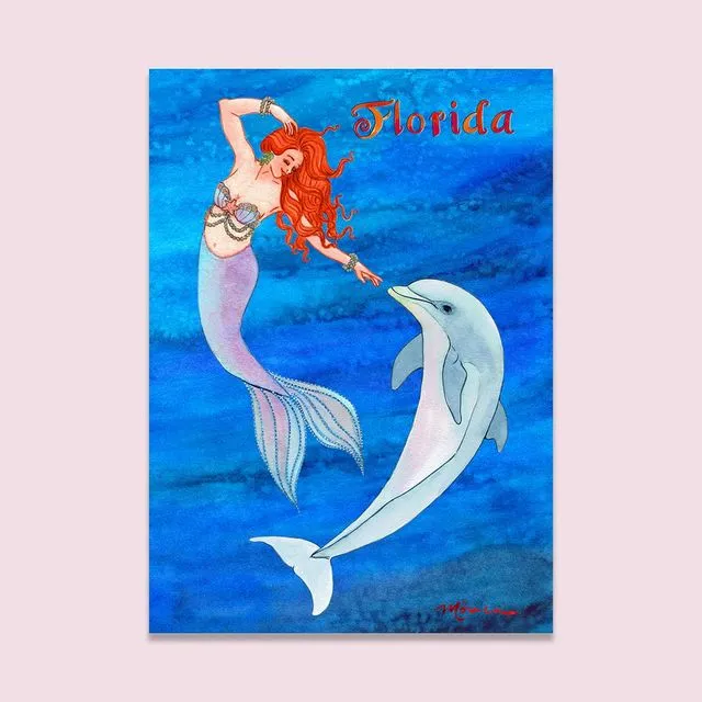 Whimsical Mermaid and Dolphin 5x7 inch Greeting Card