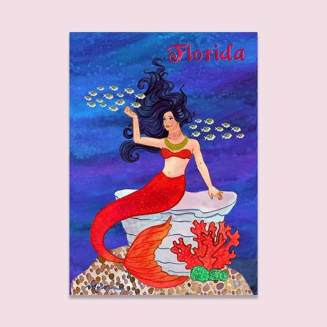 Whimsical Mermaid and School of Fish 5x7 inch Greeting Card