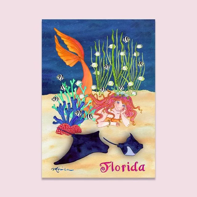 Whimsical Mermaid and Rays 5x7 inch Greeting Card