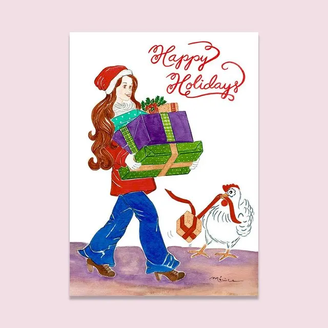 Christmas Cards with Chicken, Whimsical Watercolors