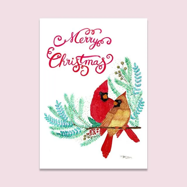 Christmas Card with Cardinals,  Whimsical Watercolors
