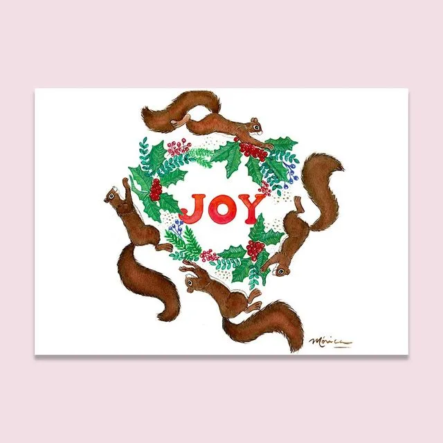 Christmas Cards with JOY Wreath and Squirrels