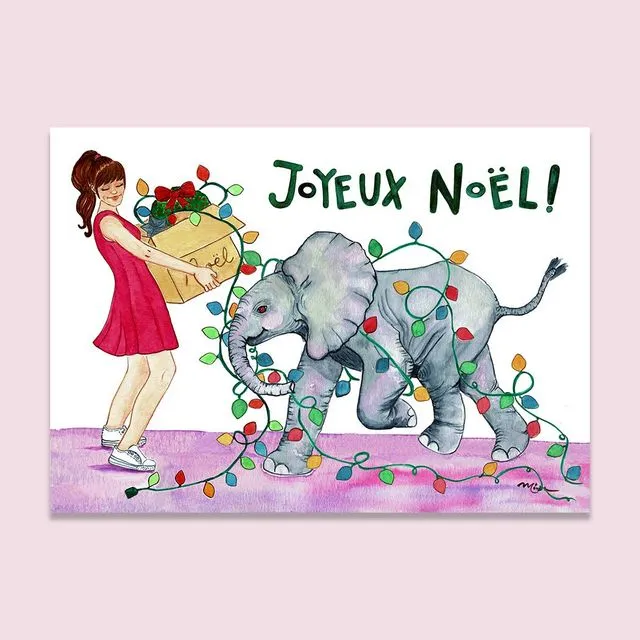 Christmas Card With Elephant, Whimsical Watercolors
