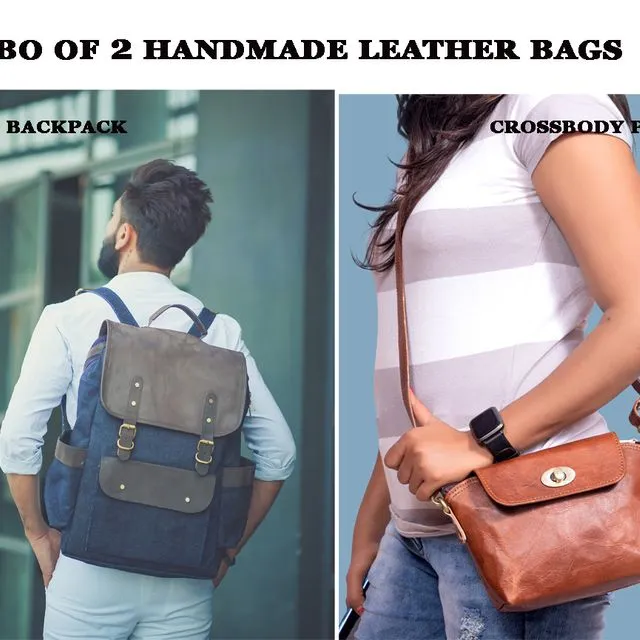 Combo Of 2, Denim Leather Backpack With Small Woman Crossbody Bag