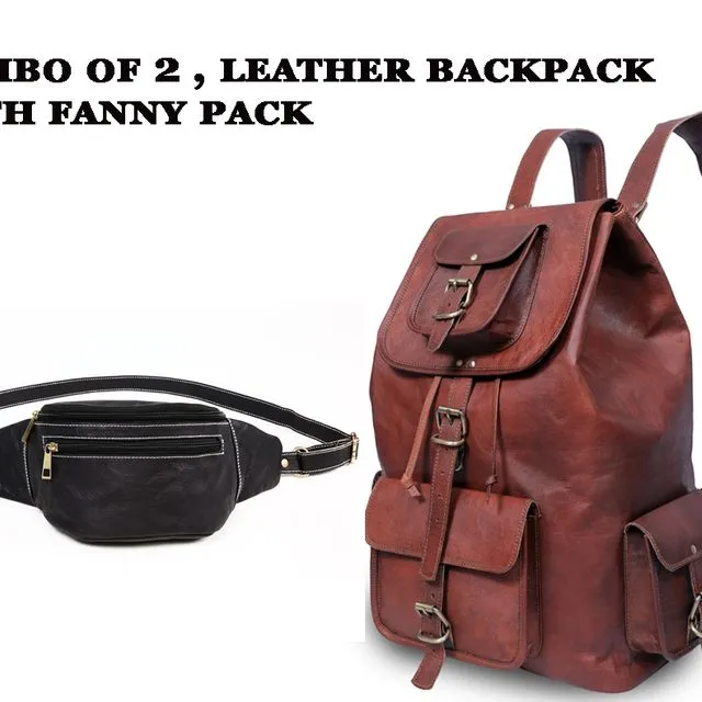 Combo Of 2 , Genuine Leather Travel Backpack And Black Leather Fanny Pack For Man & Woman