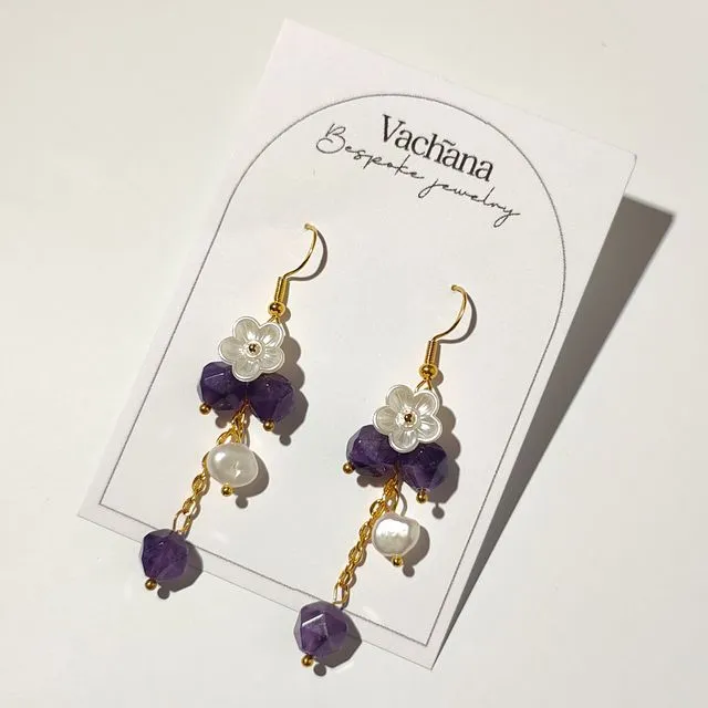 Amethyst gemstone and pearl dangle earrings