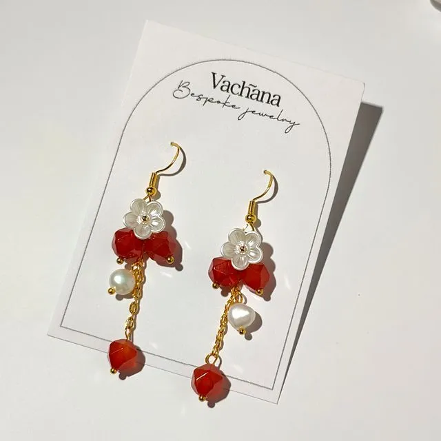 Carnelian gemstone and pearl dangle earrings