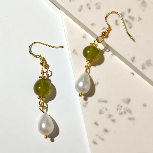 Light green gemstone and pearl dangle earrings