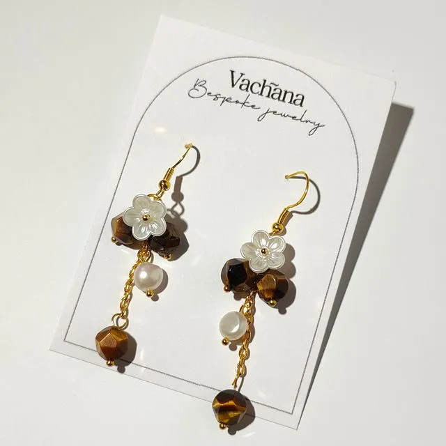 Bronzite gemstone and pearl dangle earrings