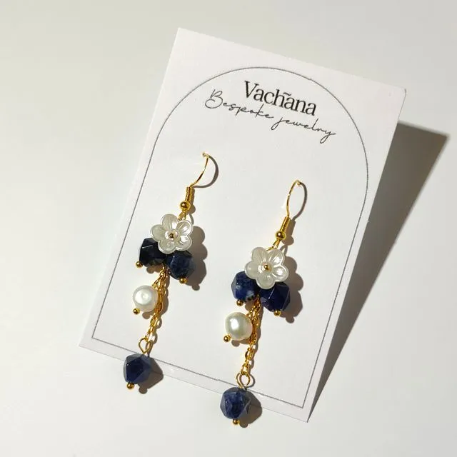 Blue Lapis gemstone and pearl dangle earrings