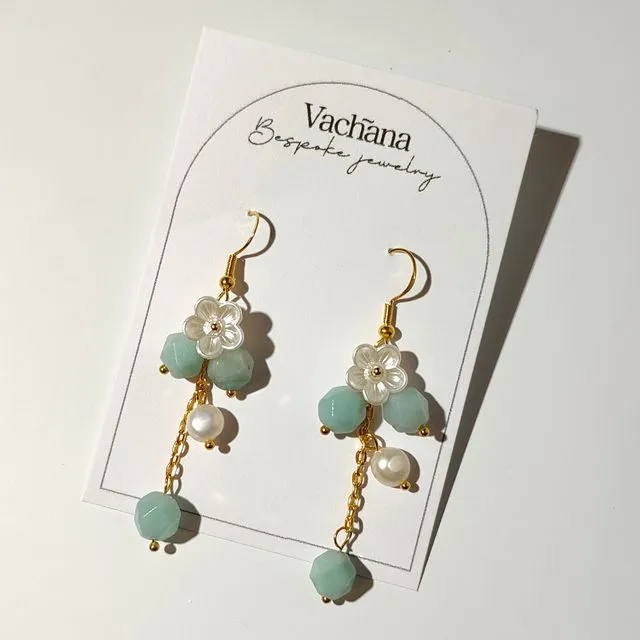 Aquamarine gemstone and pearl dangle earrings