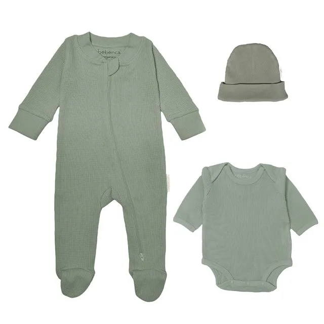 3- Piece Bundle - Organic Waffle Baby Thermals with Footie, Onesie and Beanie Hat - Olive Green