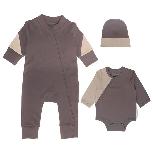 3- Piece Bundle- Organic Zipped Jumpsuit/Romper, Onesie and a matching Beanie