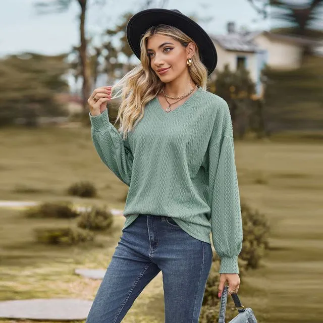 Solid Relaxed Long Sleeve V-Neck Loose T-Shirt Top-DARK GREEN