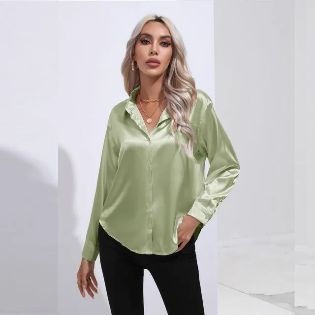 Solid Color Lapel Long Sleeves Single Breasted Satin Shirt-LIGHT GREEN