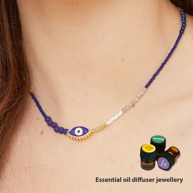 Essential Oil Diffuser Necklace with Blue Enamel Evil Eye bead, Lava Beads, Czech seed beads, Lapis Lazuli and Labradorite stones