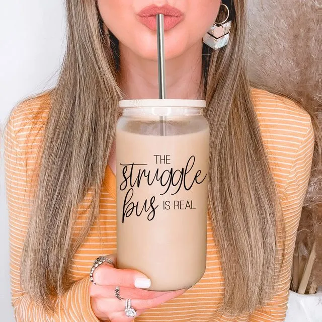 Glass Coffee Mugs with Lid & Metal Straws, Funny Coffee Cups for Parents