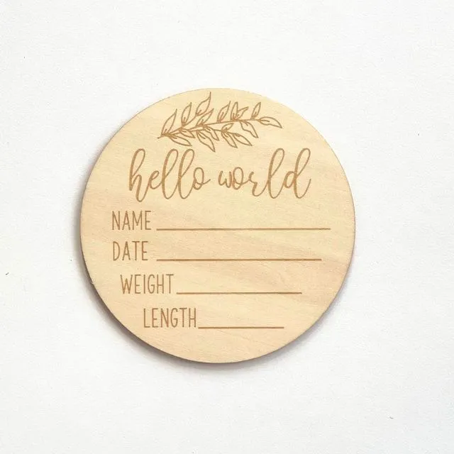Baby Announcement Engraved Sign Plaque Hello World Wooden