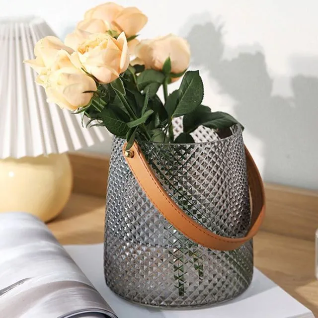 Textured Diamond Patterned Glass Vase with Leather Handle