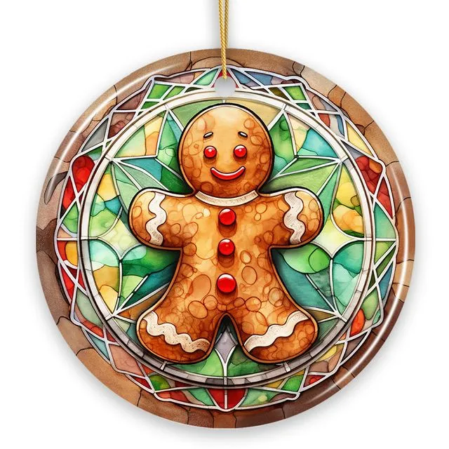 Handmade Gingerbread Man Stained Glass Style Ceramic Ornament, Christmas Gift and Decor