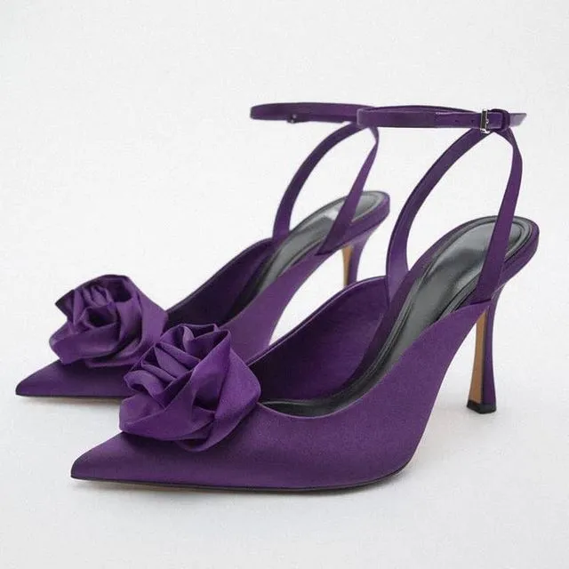 Women Flower High Heels Red or Purple Pointed Stiletto