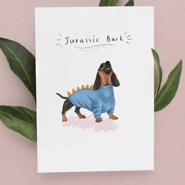 Jurassic Bark Greetings card | Funny Dachshund | Sausage Dog