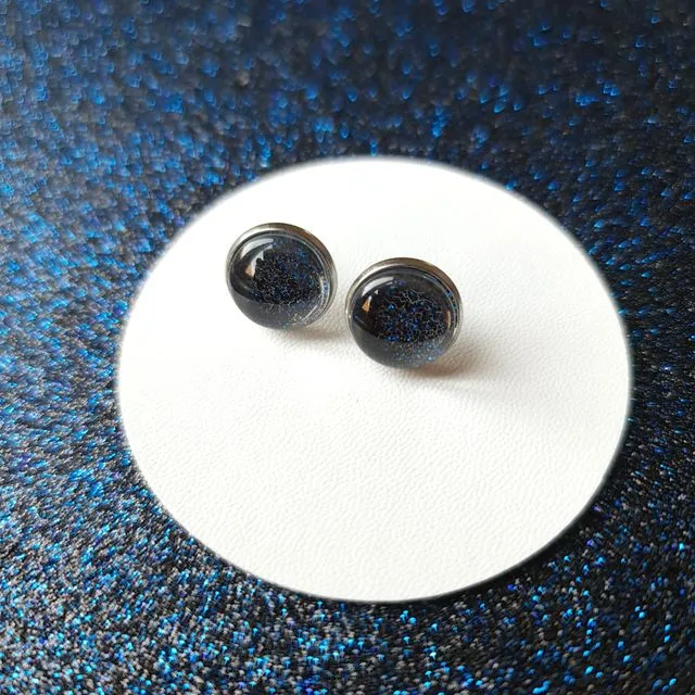 Handmade Sparkly Blue &amp; Black Stud Earrings