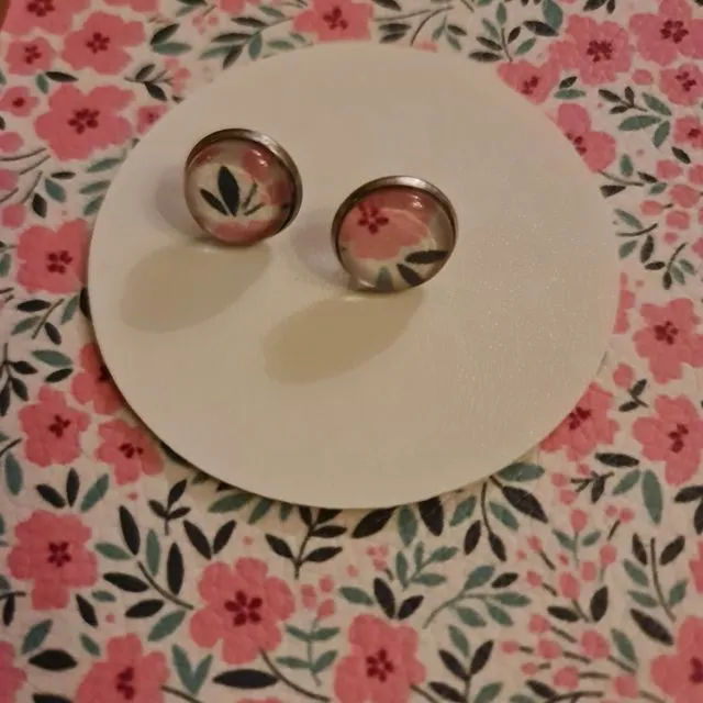 Handmade Pink & Green Floral Stud Earrings