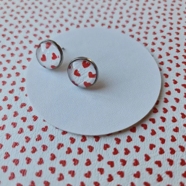 Handmade Red Heart Print Stud Earrings