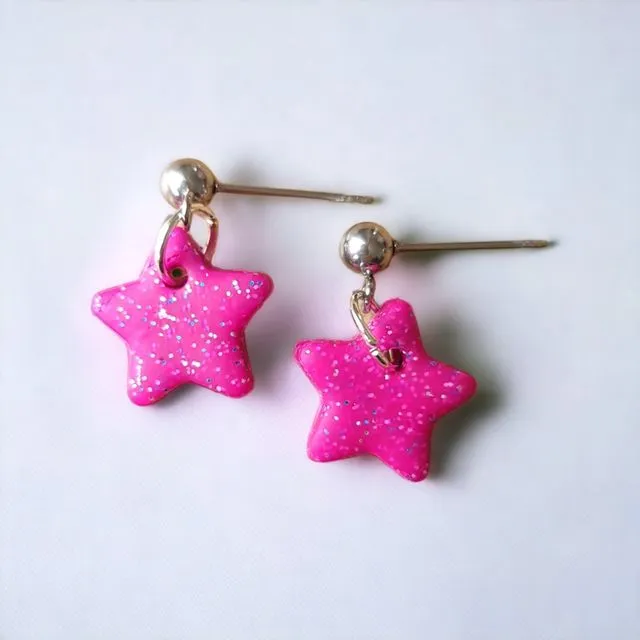 Handmade Sparkly Pink Mini Star Drop Earrings