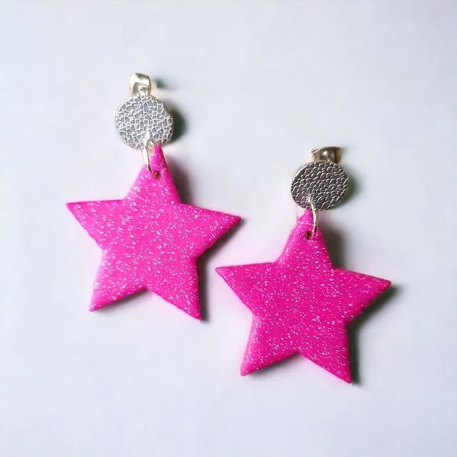 Handmade Sparkly Pink Large Star Drop Earrings