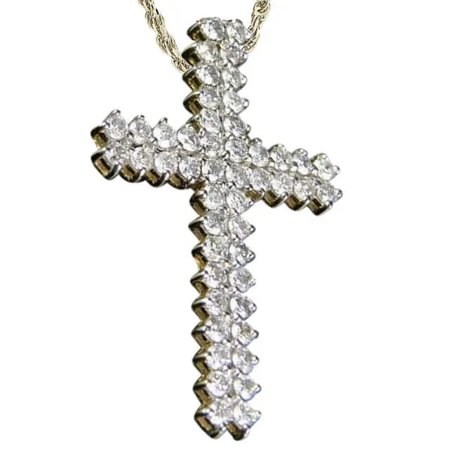2 Ct Two Row Diamond Cross Pendant 10K Gold Pendant Necklace