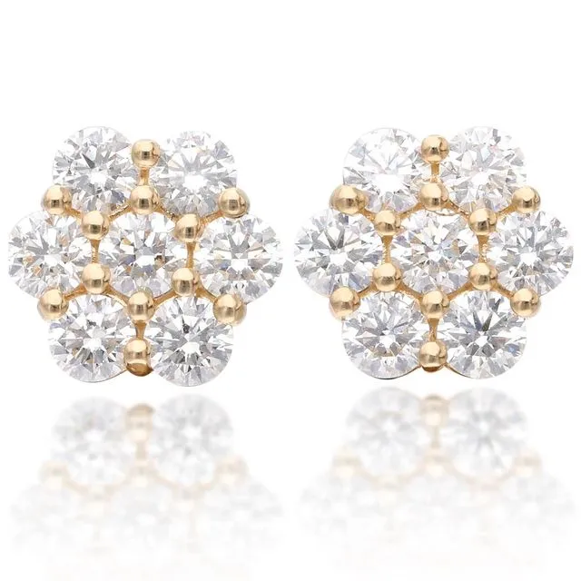 1 Carat Ct VS Diamond Cluster Flower Stud Earrings 14K Gold