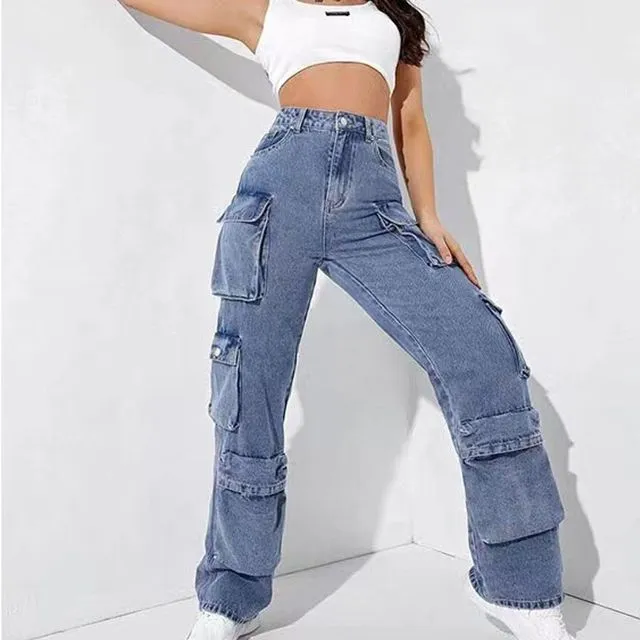 Solid Color High Waisted Multiple Pockets Jeans