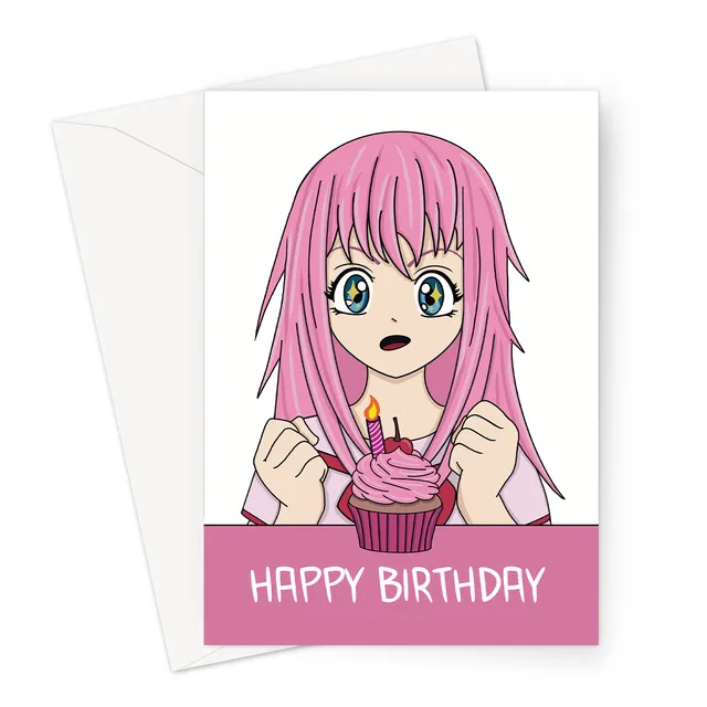Anime Girl Happy Birthday Card - Cute Pink Manga Girl