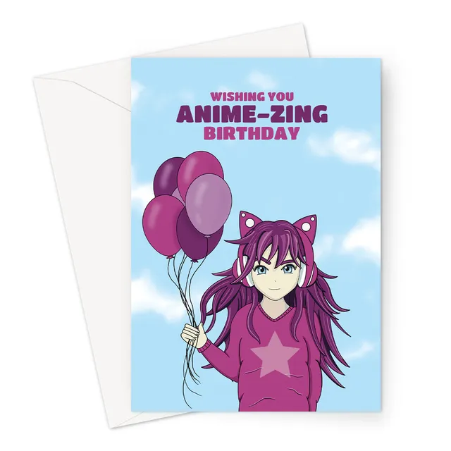 Birthday Card For An Anime Fan | Manga Girl Holding Balloons