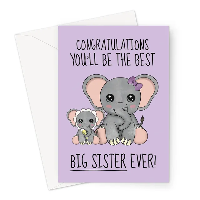 New Baby Congratulations Card For A Big Sister | Elephant