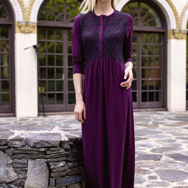 Lace Front Button Down Nightgown - Plum