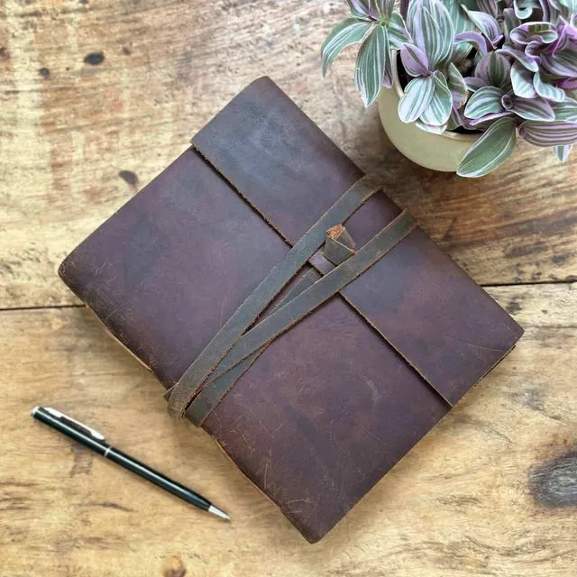 Brown Buffalo Leather Journal with Flap and Leather Tie