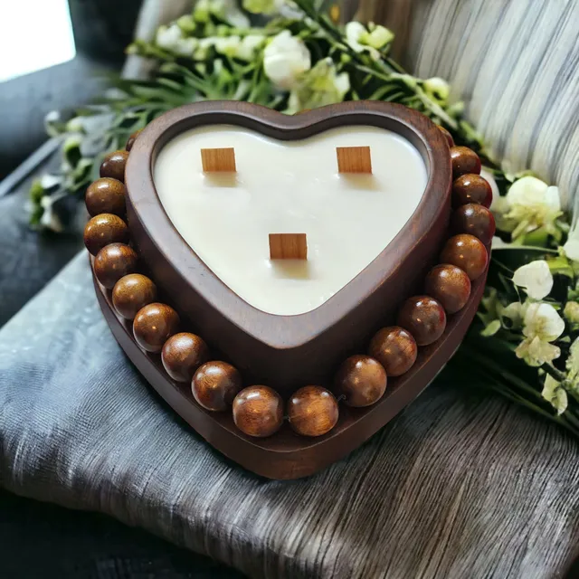 Luxe Beaded Heart Wooden Bowl Soy Wax Candle