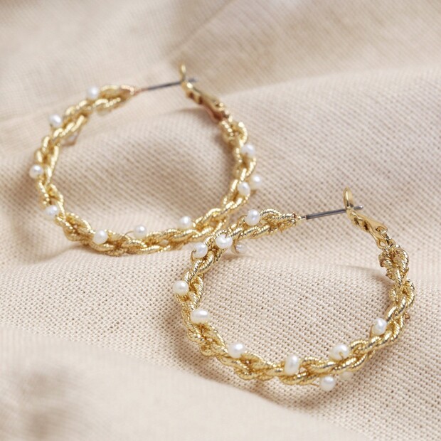 41478 Large Twisted Gold Pearl Hoop Earrings