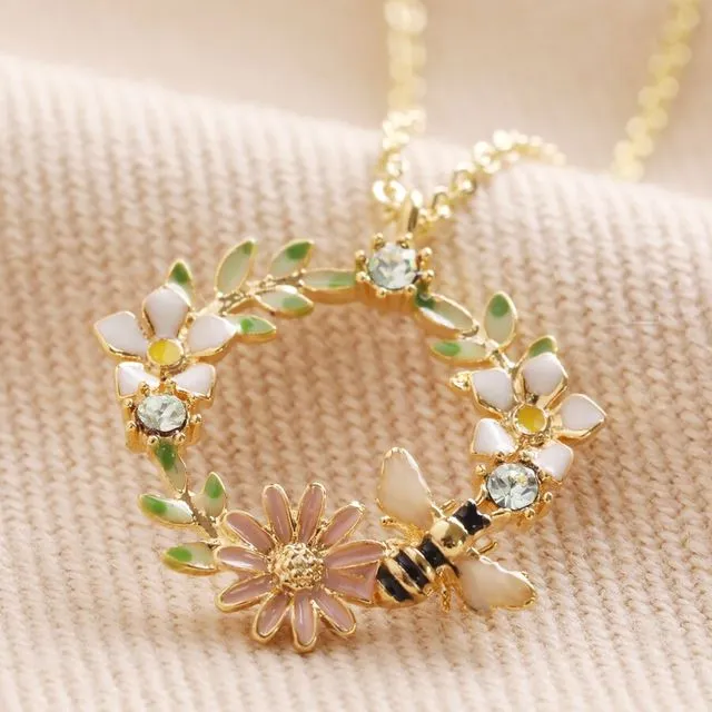 64490 Crystal Flower and Enamel Bee Pendant Necklace in Gold