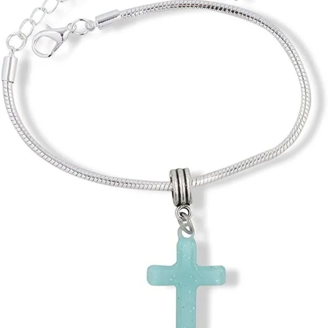 Emerald Park Jewelry Cross Plastic Snake Chain Charm Bracelet (Light Blue)