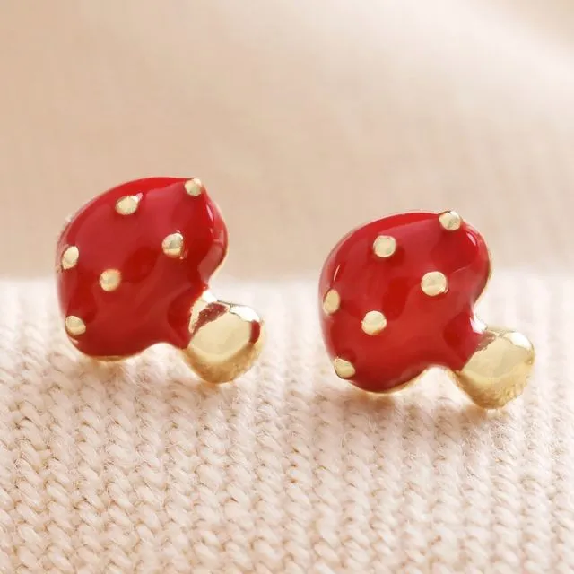 63971 Red Enamel Mushroom Stud Earrings in Gold