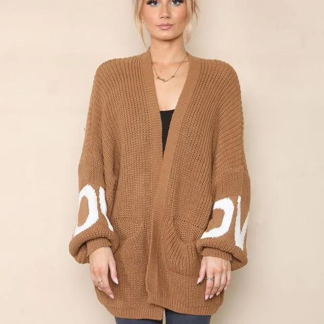 8250 - Brown LOVE Balloon puffy sleeve knitted cardigan