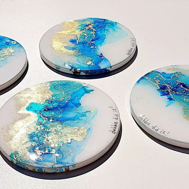 Hand Painted Alcohol Ink Tile Coasters with Resin Finish